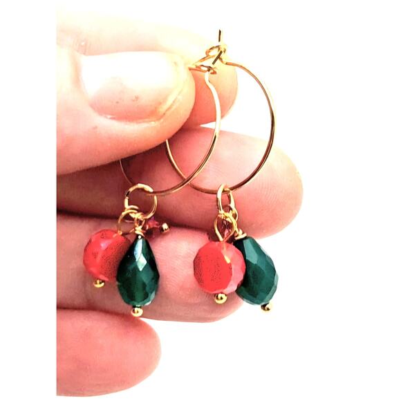 Handmade Green Onyx Chalcedony Hoop Earrings Red Crystal Dainty Christmas Colors - Picture 3 of 7